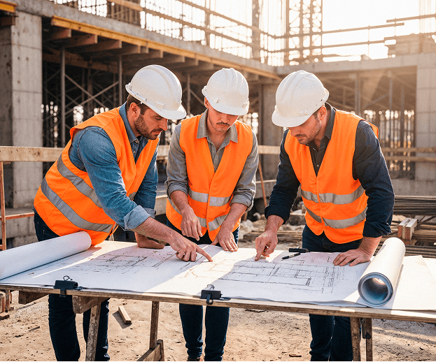 Construction workers reviewing blueprints